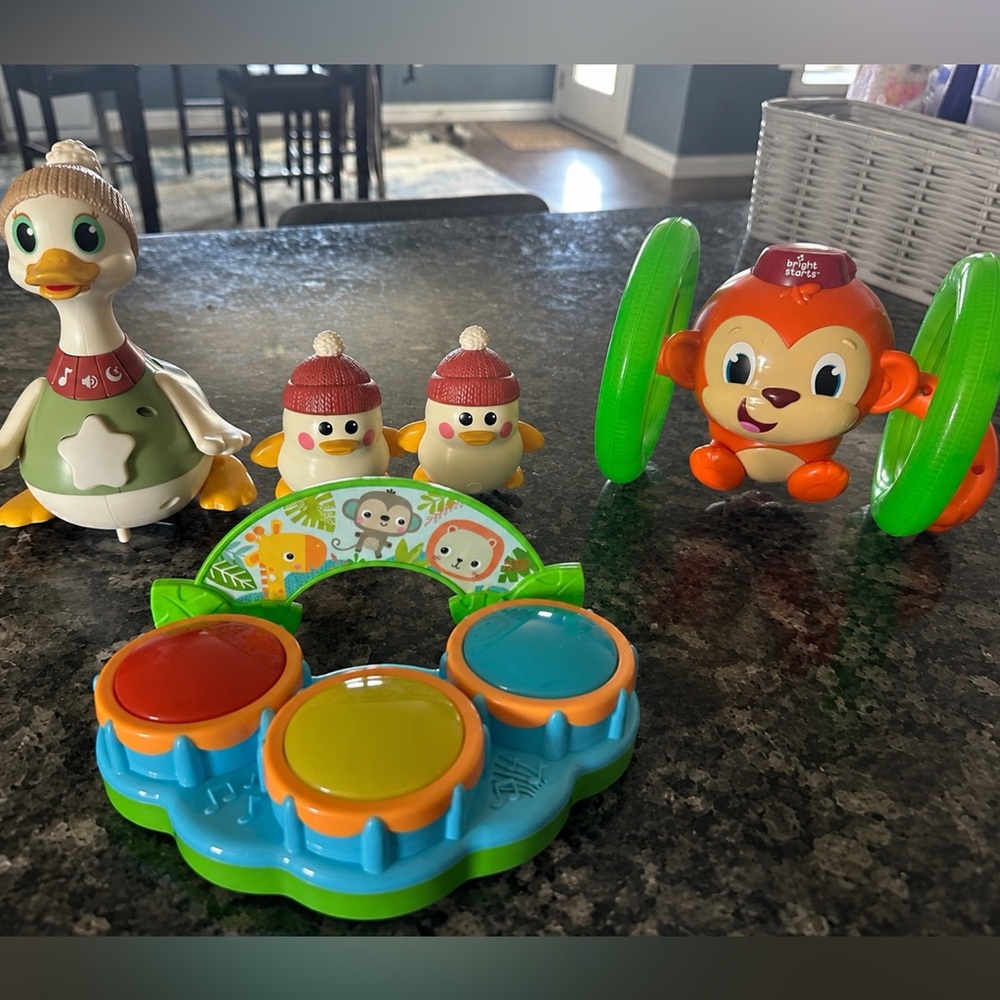 3 Tummy Time Baby Toys - Dancing Duck, Bright Starts Drum & Rolling Monkey